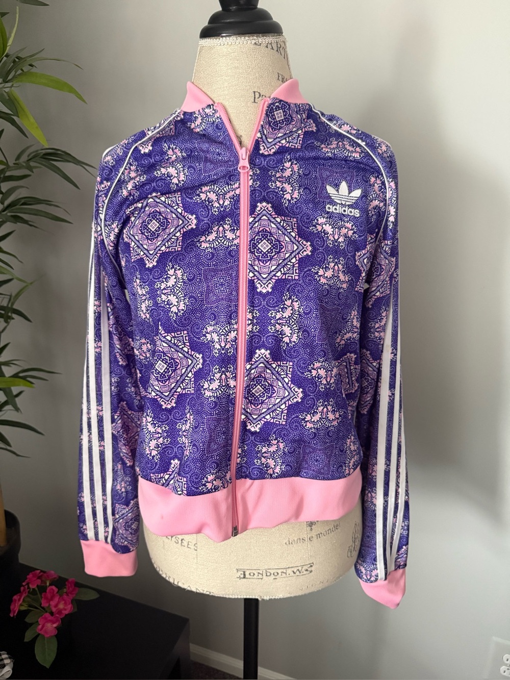 adidas track jacket size small women floral print purple pink